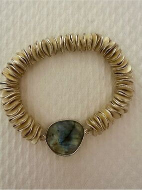 Gold Statement Bracelet With Large Gray-Green Stone